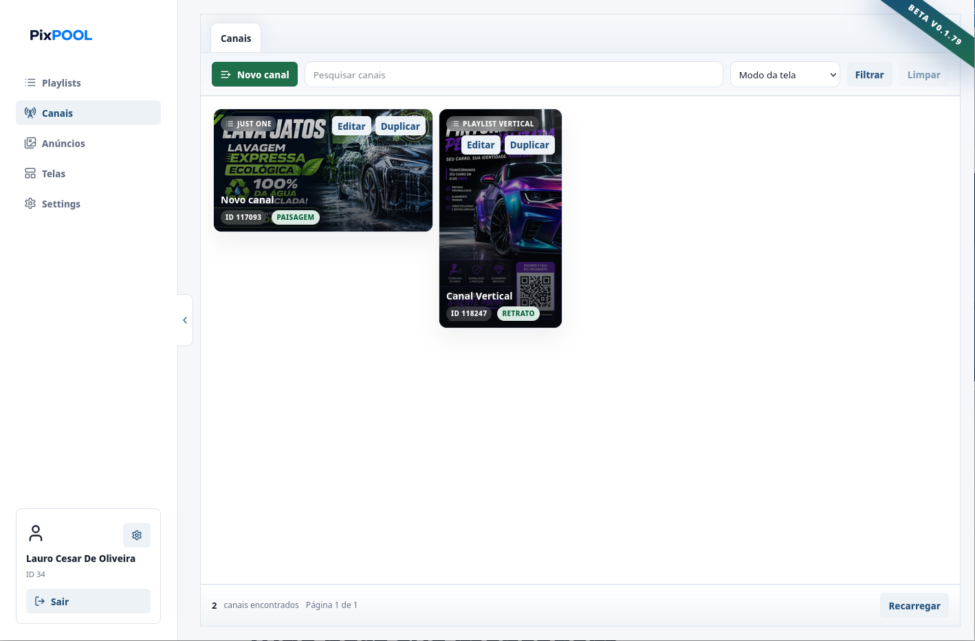 Lista de canais da plataforma PixPOOL